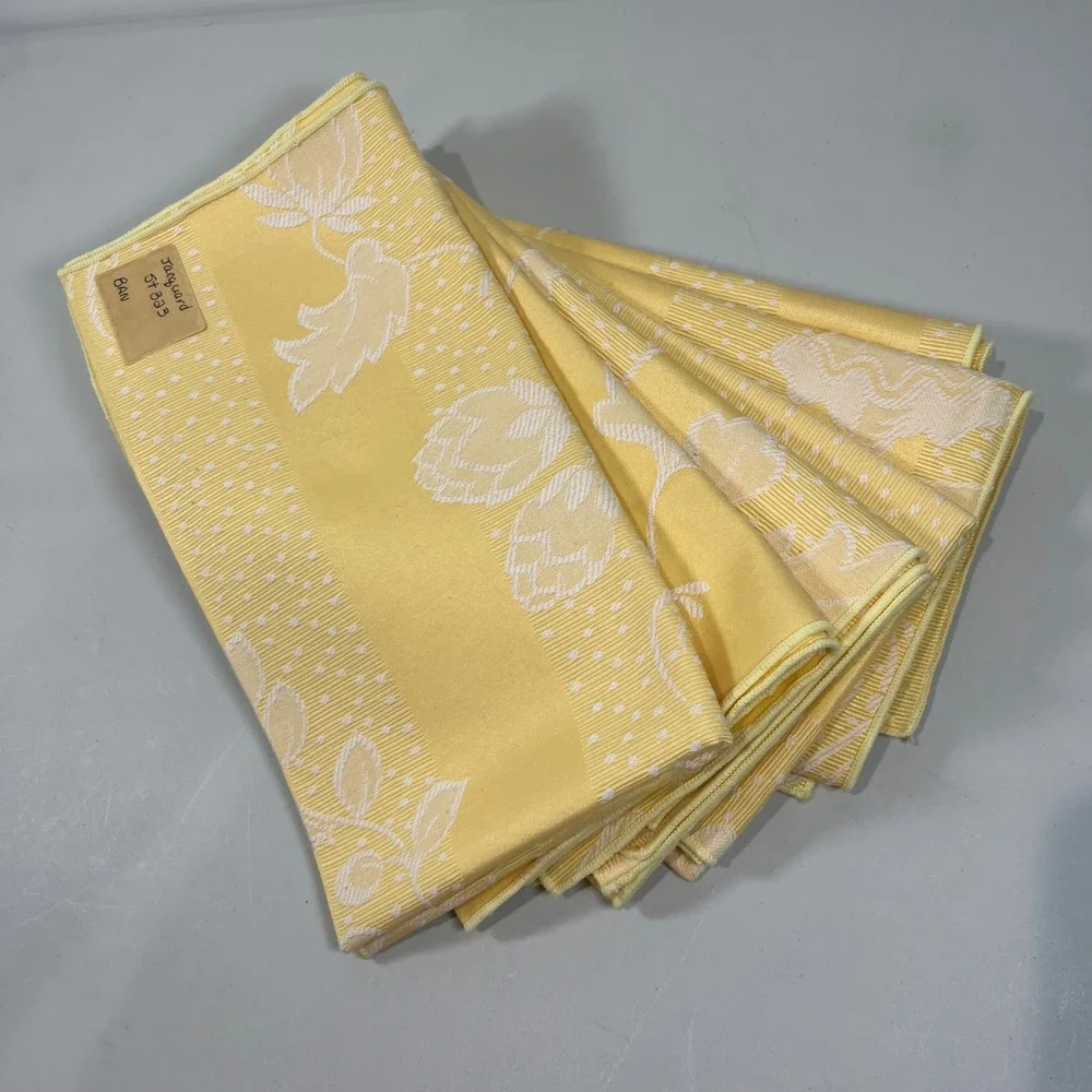 Vtg Jacquard Napkins Set 6 Butter Yellow Floral Damask Cotton Cottage Shabby